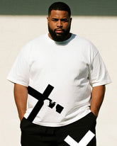 Big & Tall Men's Black And White Simple Cross Print Round Neck Short Sleeve T-Shirt Shorts Suit